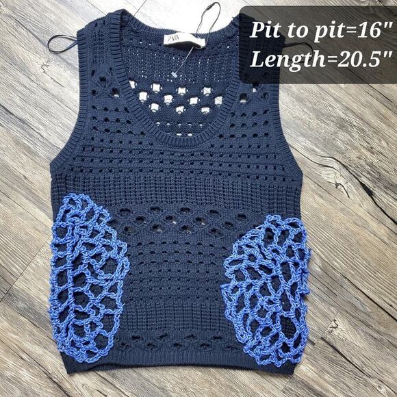 Zara Women Open Crochet Blue Vest Size Small New Without Tag - Picture 8 of 8
